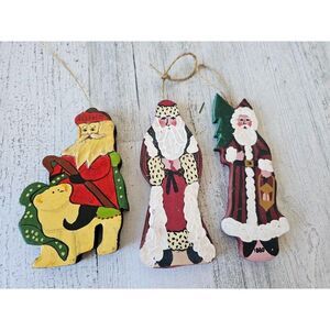 Vintage wooden Santa polar bear ornament Xmas tree set